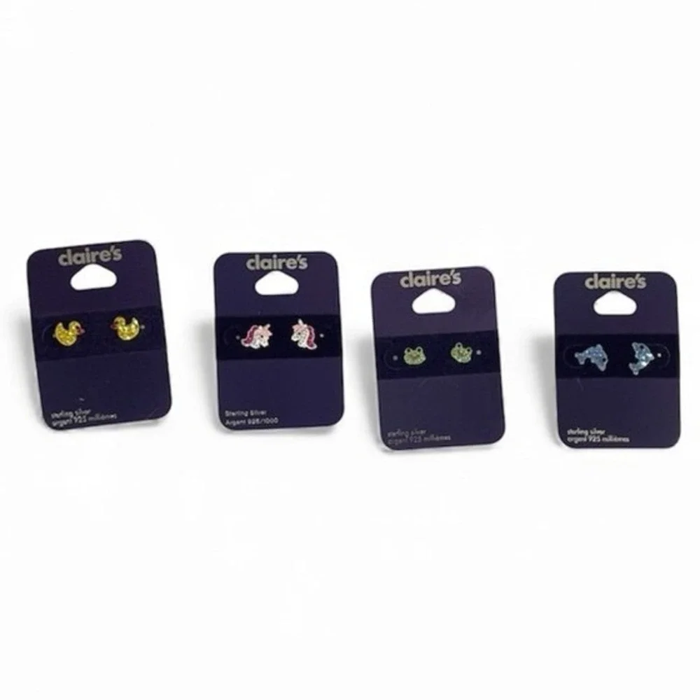 NWT Set of 4 Claire's Sterling‎ Silver Little Girl Stud Earrings